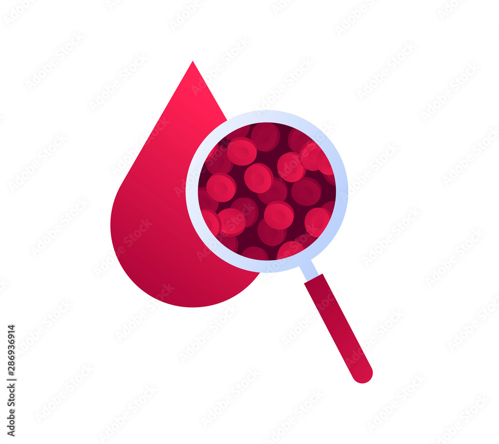 Vector flat blood laboratory icon illustration. Magnifier glass zoom blood drop cell. Concept of dna, hiv diagnosis lab. Design element for poster, flyer, card, banner, ui - obrazy, fototapety, plakaty 