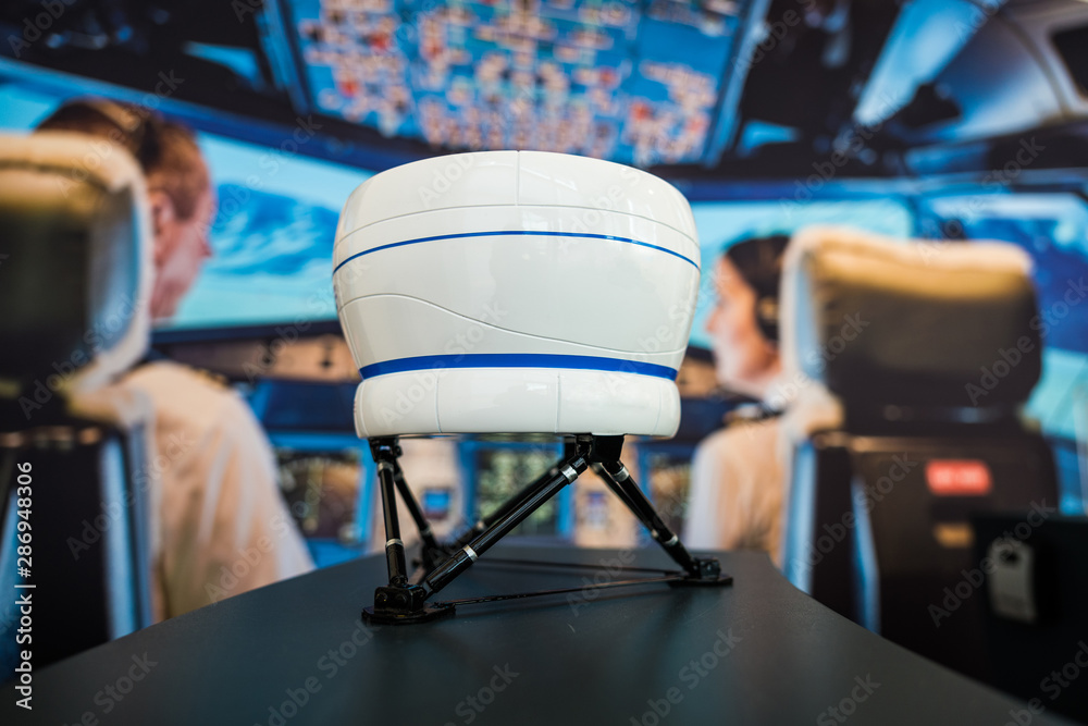 Flight Simulator model in front of a big cockpit picture in a flight ...