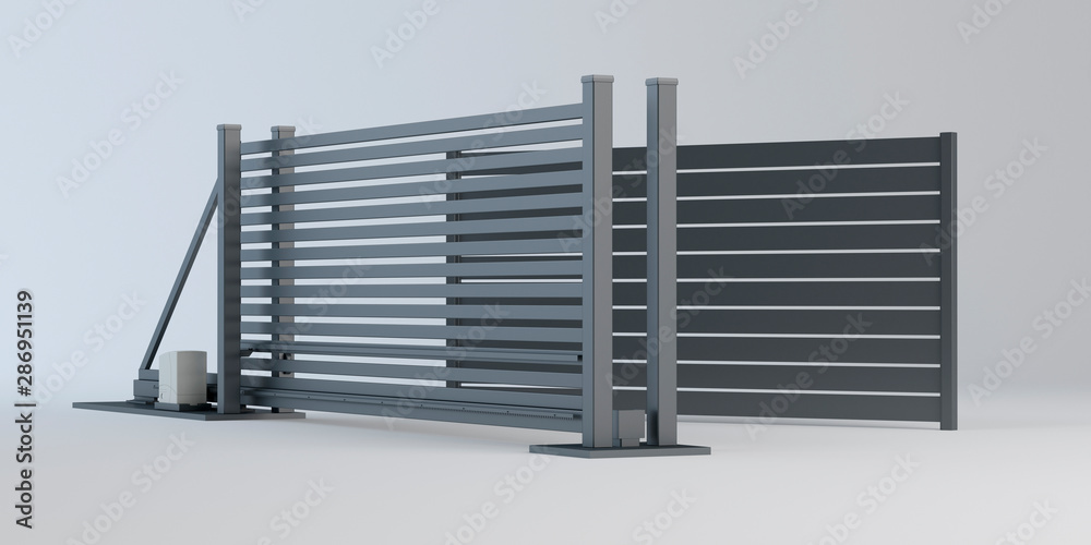 Sliding gate and fence panel, 3D illustration - obrazy, fototapety, plakaty 