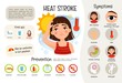 Vector medical poster heat stroke. Symptoms of the disease. Illustration of a cute girl.