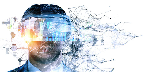 Abstract image of virtual reality experience, a man in VR glasses