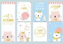 Cute Kid Background With Whale,cat,gift,bear,christmas Tree For Birthday Invitation