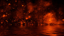 Texture Of Fire With Reflection In Water. Flames On Isolated Black Background. Design Element.