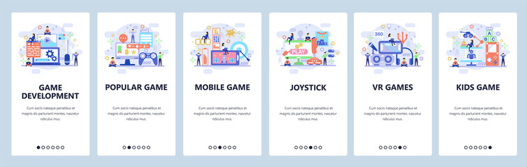 Mobile app onboarding screens. Game development, VR technology, mobile games, joystick. Menu vector banner template for website and mobile development. Web site design flat illustration