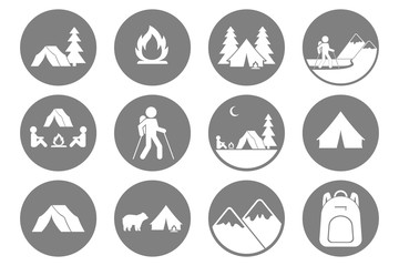 Canvas Print - Tourism icons. Trekking, hiking, mountaineering, backpacking, camping symbols. Vector.