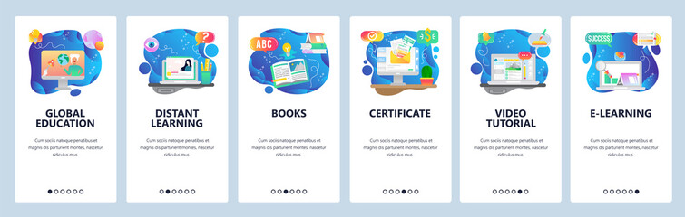 Poster - mobile app onboarding screens. global education, online courses and tutors, graduation certificate. 