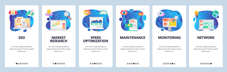 Fototapete - Mobile app onboarding screens. SEO, speed optimization and digital marketing. market research. Menu vector banner template for website and mobile development. Web site design flat illustration