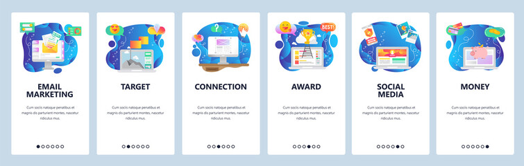 Poster - mobile app onboarding screens. email marketing, social media, business leader. menu vector banner te
