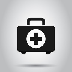 Wall Mural - First aid kit icon in flat style. Health, help and medical diagnostics vector illustration on isolated background. Doctor bag business concept.