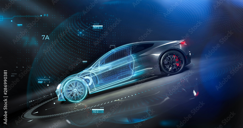 Futuristic car technology concept with wireframe intersection (3D illustration) - obrazy, fototapety, plakaty 