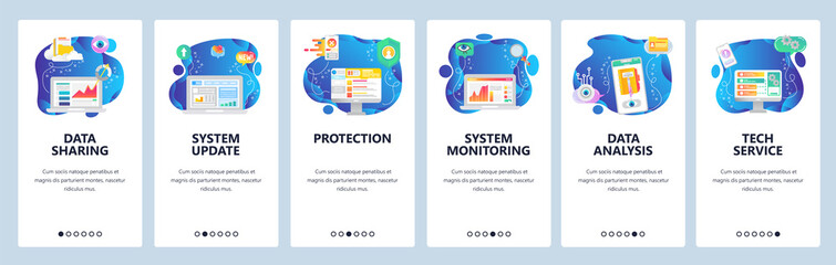 Fototapete - Mobile app onboarding screens. Data security storage and sharing, system monitoring, data analysis. Menu vector banner template for website and mobile development. Web site design flat illustration