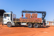 New Bricks Pallets Truck Trailer Delivery Construction Building Site Blue Sky