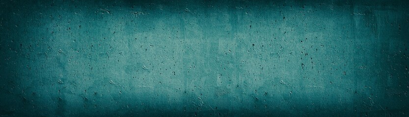 Wall Mural - Teal old concrete wall wide texture. Rough cement surface panoramic retro background. Long dark turquoise vintage backdrop