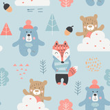 Seamless pattern with bears, fox, forest elements in Scandinavian style. Vector Illustration. Kids illustration for nursery design. Great for baby clothes, greeting card, wrapper.