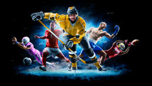 Multi Sport Collage Football Boxing Soccer Ice Hockey On Black Background