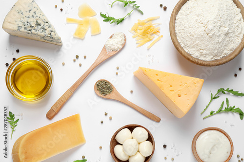 Cuadros en Lienzo Flat lay composition with fresh ingredients for pizza on white background