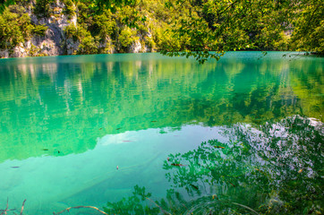  Crystal water of Plitvice Lakes. Landscapes and waterfalls.