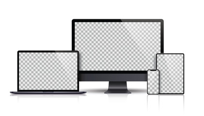 Poster - realistic set of monitor, laptop, tablet, smartphone dark grey color - stock vector.