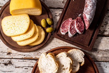 Wall Mural - Cheese, salami and bread