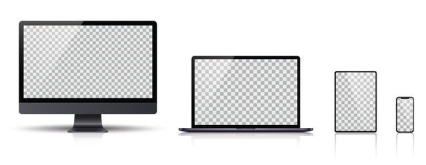 Poster - realistic set of monitor, laptop, tablet, smartphone dark grey color - stock vector.