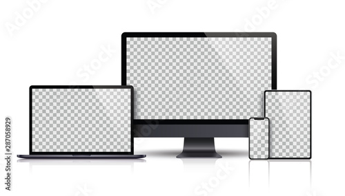 Fotografía Realistic set of Monitor, laptop, tablet, smartphone dark grey color - Stock Vector