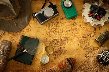 Aufkleber - Souvenirs from travels around the world. Map with a travel notebook and travel equipment in a retro style. Journey plan