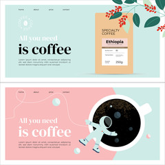 Wall Mural - Set of templates with specialty coffee packaging, espresso, outer space and astronaut. Layout with quote All you need is coffee. Design for banner, landing page, website, blog, booklet, prints, flyer.