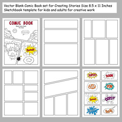 Sticker - comic book Blanks set, text speech bubbles , Comic magazine cover Template, strip page mock up