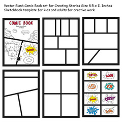 Sticker - comic book Blanks set, text speech bubbles , Comic magazine cover Template, strip page mock up