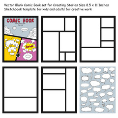 Sticker - comic book Blanks set, text speech bubbles , Comic magazine cover Template, strip page mock up