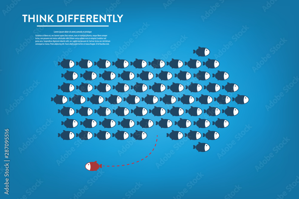 Think differently -One red unique different fish swimming opposite way ...