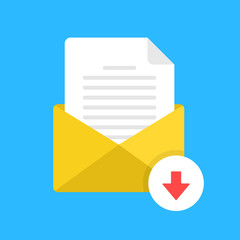 Aufkleber - Download email attachment. E-mail with document and down arrow button. Receive computer file. Modern flat design. Vector icon