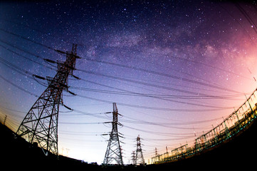 Wall Mural - The outline of the power supply facilities and stars at night