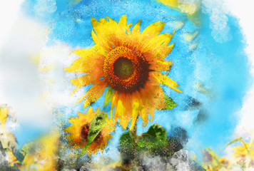 Wall Mural - digital watercolor filter effects Sunflower natural background. Sunflower blooming.