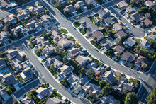 Aerial View Of Suburban Thousand Oaks Homes And Streets Near Los Angeles In Ventura County, California.  