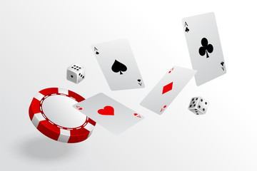 Wall Mural - playing cards chips and dice flying casino background