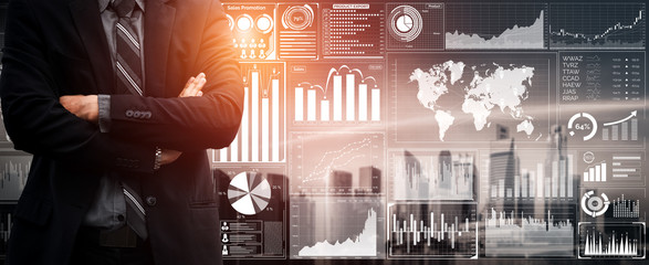 Data Analysis for Business and Finance Concept. Graphic interface showing future computer technology of profit analytic, online marketing research and information report for digital business strategy.