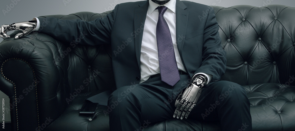 Robot businessman sitting on leather sofa, artificial intelligence conceptual design, mixed media - obrazy, fototapety, plakaty 