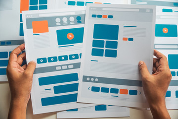 Poster - Website designer Creative planning application developer development draft sketch drawing template layout prototype framework wireframe design studio . User experience concept .