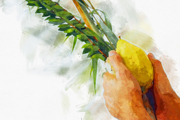 watercolor style and abstract image of Jewish festival of Sukkot. Traditional symbols (The four species): Etrog, lulav, hadas, arava