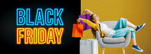 Black friday advertisement with cheerful shopping girl