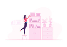 Housewife Cleaning Book Shelves With Duster And Water Sprayer. Woman Wiping Furniture At Home On Weekend. Girl Dusting Modern Apartment Interior, Housework Concept Cartoon Flat Vector Illustration