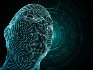 3D vector head from grid. Artificial intelligence. 3D Geometric Face Design. Biometric Illustration