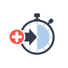 Stopwatch Symbol With Arrow. Launch, Management, Optimization, Release Concept Icon With Add Sign, New, Plus, Positive Symbol