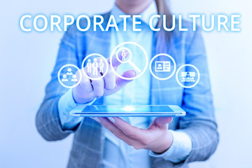 Poster - Conceptual hand writing showing Corporate Culture. Concept meaning pervasive values and attitudes that characterize a company Lady front presenting hand blue glow futuristic modern technology