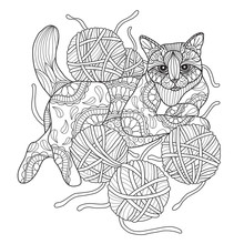 Hand Drawn Sketch Illustration Of Cat And Yarn For Adult Coloring Book.