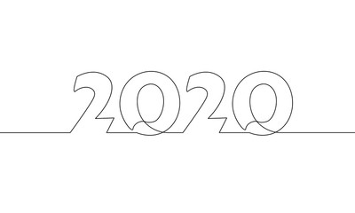 2020 New Year single continuous line art. Holiday greeting card headline decoration. Date numbers concept design. One sketch outline drawing white vector illustration