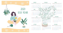 Calendar 2020. Calendar Modern Set With Woman And Plants Minimalistic Geometric Scandinavian Style And Trendy Colors. Week Starts On Sunday. Set Of 12 Months Minimalist Calendars. Flat Illustrations