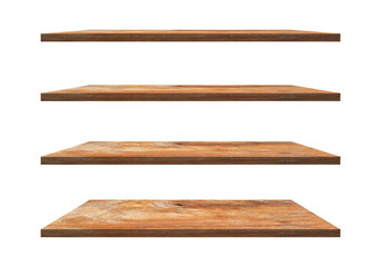 Wall Mural - a collection of brown wooden shelves on a white background that separates the objects. there are cli