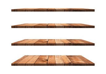 Wall Mural - a collection of brown wooden shelves on a white background that separates the objects. there are cli
